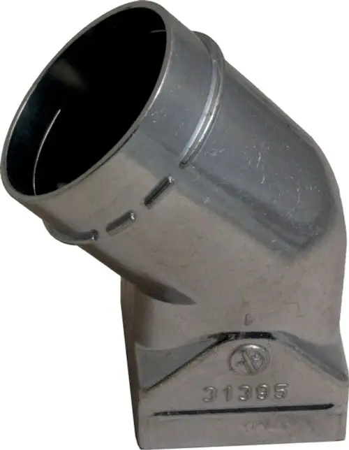 Edelstahl-Adapter mit einem schrägen Anschluss, geeignet für Abgasmessungen. Marke Wolf. Das Produkt hat eine glatte, metallische Oberfläche und eine robuste Bauweise.
